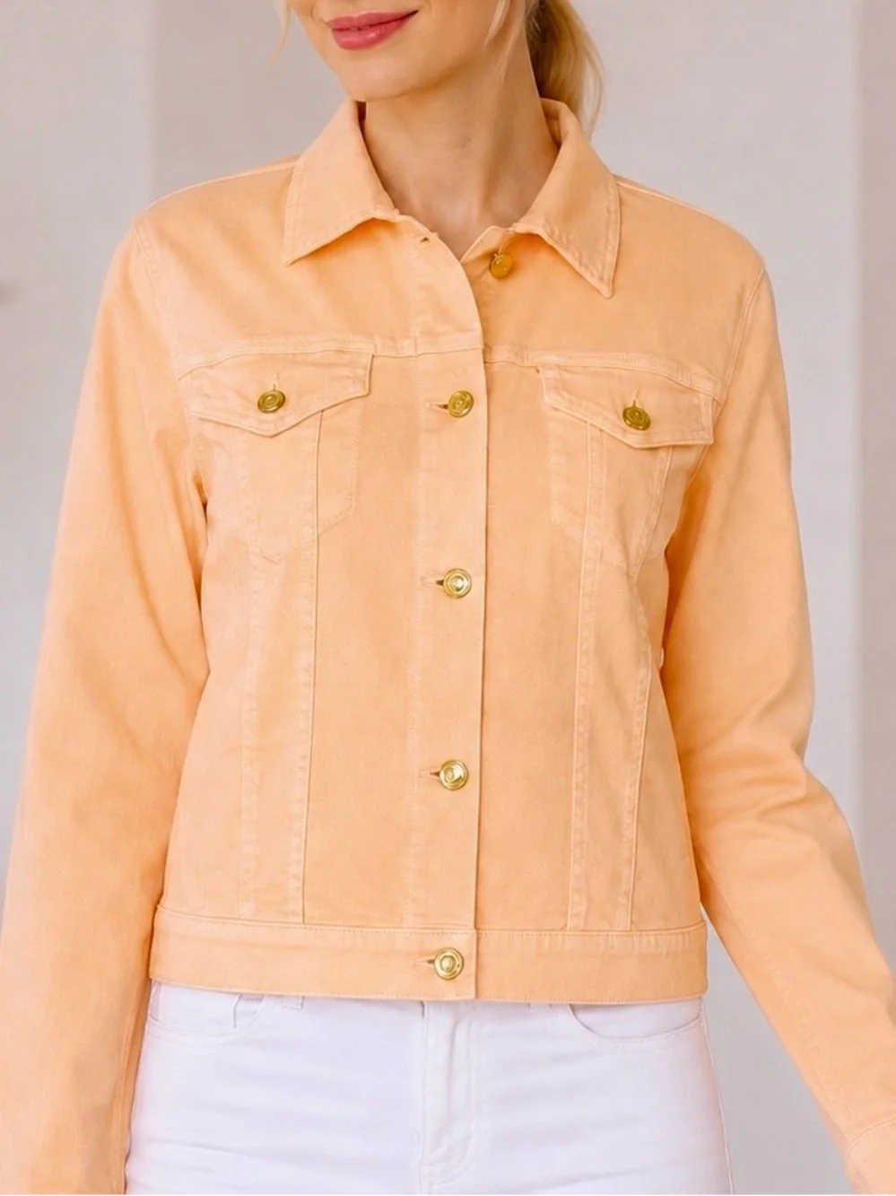 MICHAEL KORS Denim Jacket Gold Button Patch Pocket Pointed Collar Stretch